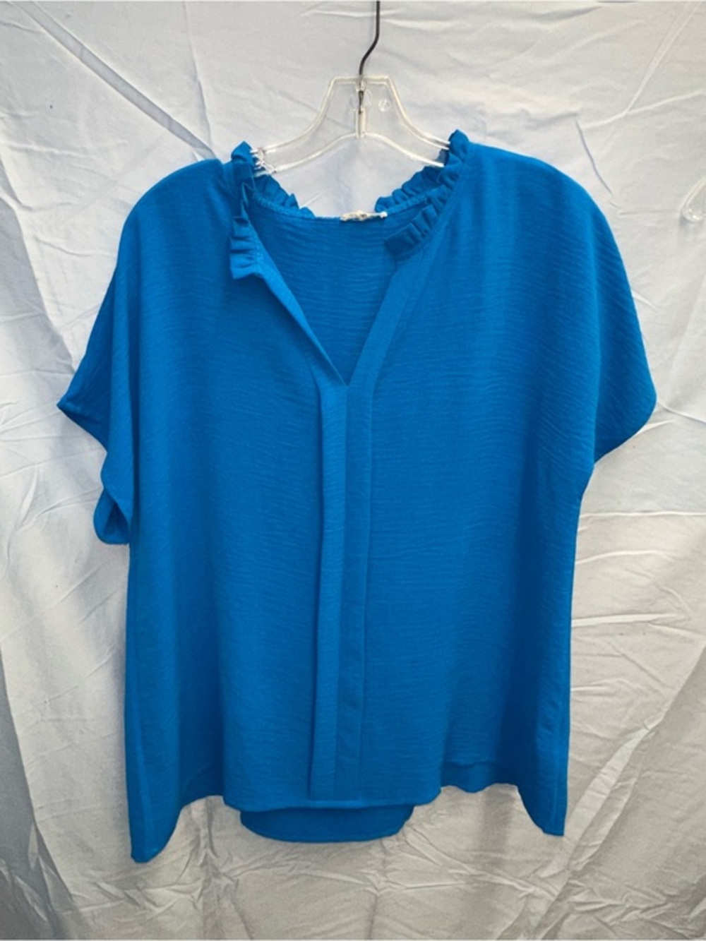 JODIFL Electric Blue Ruffle-Trim V-Neck Blouse
